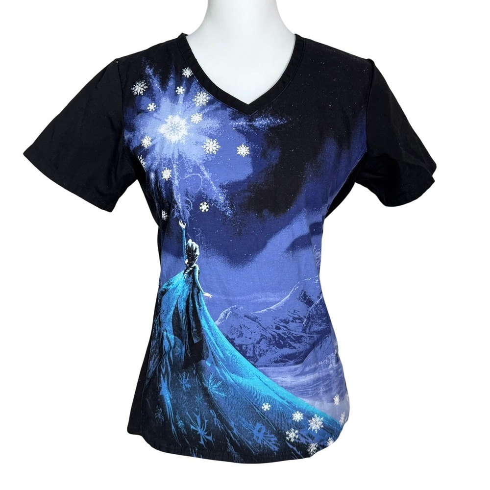 DISNEY Women's XS Black Blue‎ Let it Go Frozen Elsa Snowflakes V-Neck Scrub Top